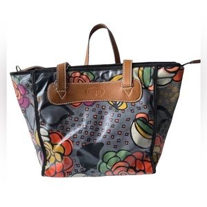 Fossil Handbag Floral Nature Design Coated Canvas Leather Tote Shoulder Bag
